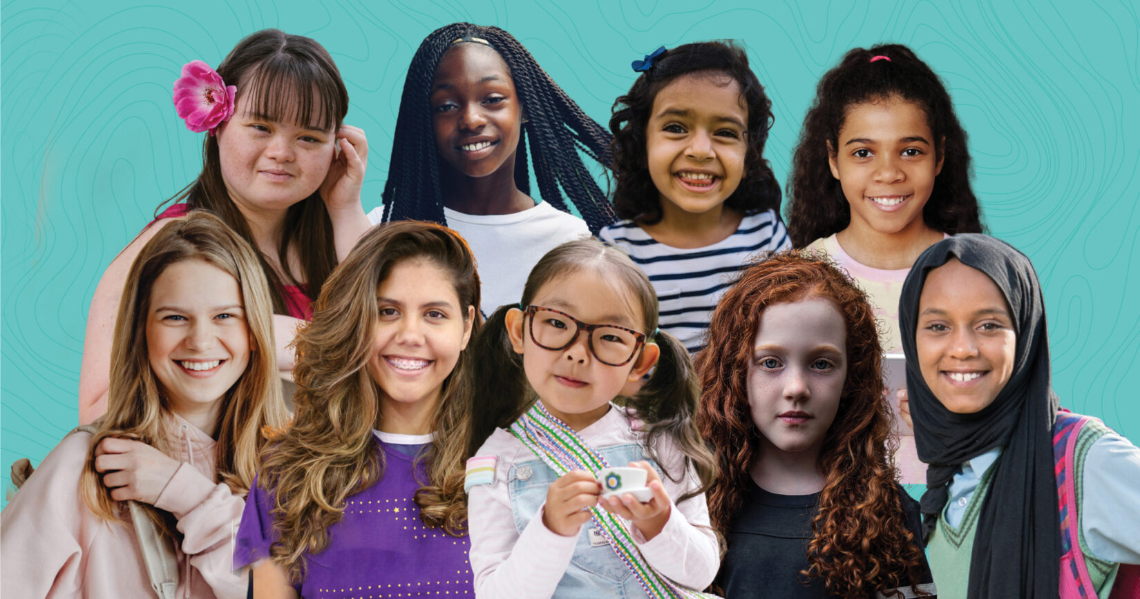A collage of girls is featured against a turquoise background.